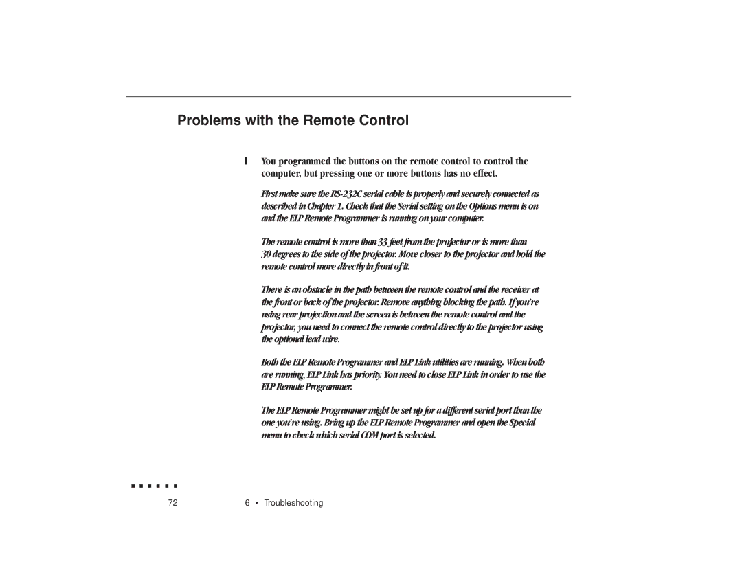 Epson ELP-3300 owner manual Problems with the Remote Control 