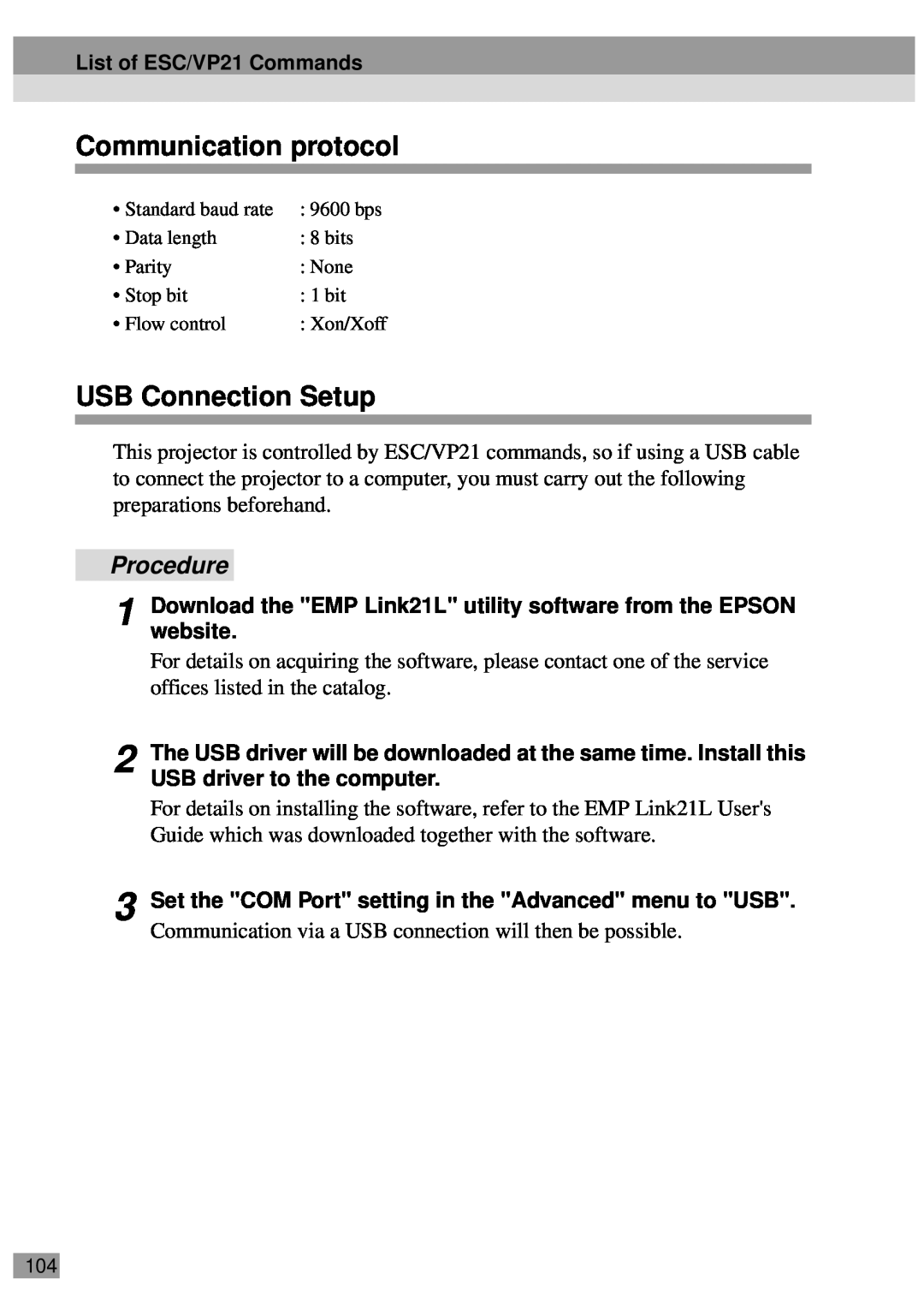 Epson EMP-800UG, ELP-811 manual Communication protocol, USB Connection Setup, Procedure, List of ESC/VP21 Commands, website 