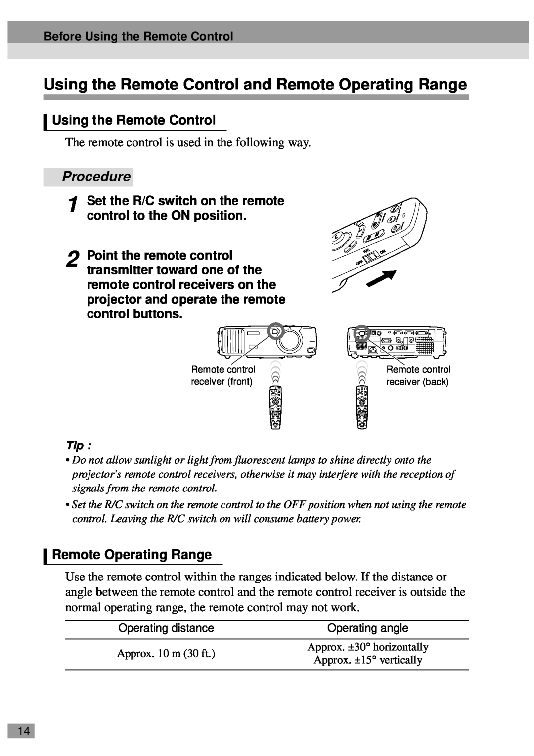 Epson EMP-800UG, ELP-811 Using the Remote Control and Remote Operating Range, Procedure, Before Using the Remote Control 