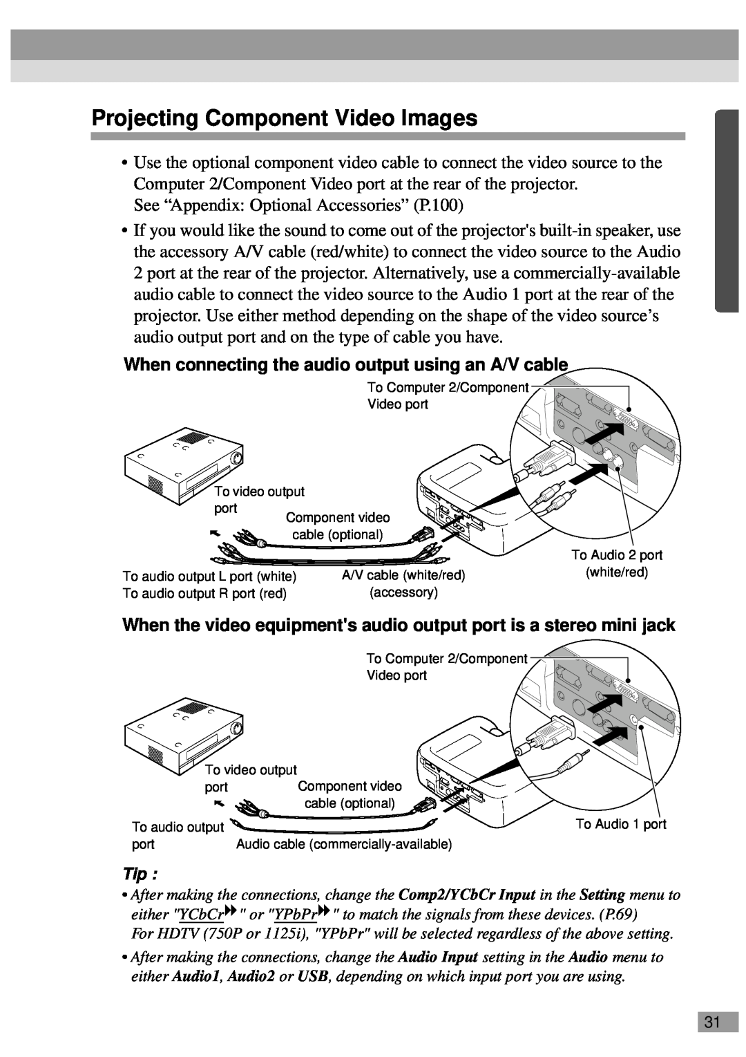 Epson EMP-811, ELP-811, ELP-600 manual Projecting Component Video Images, When connecting the audio output using an A/V cable 