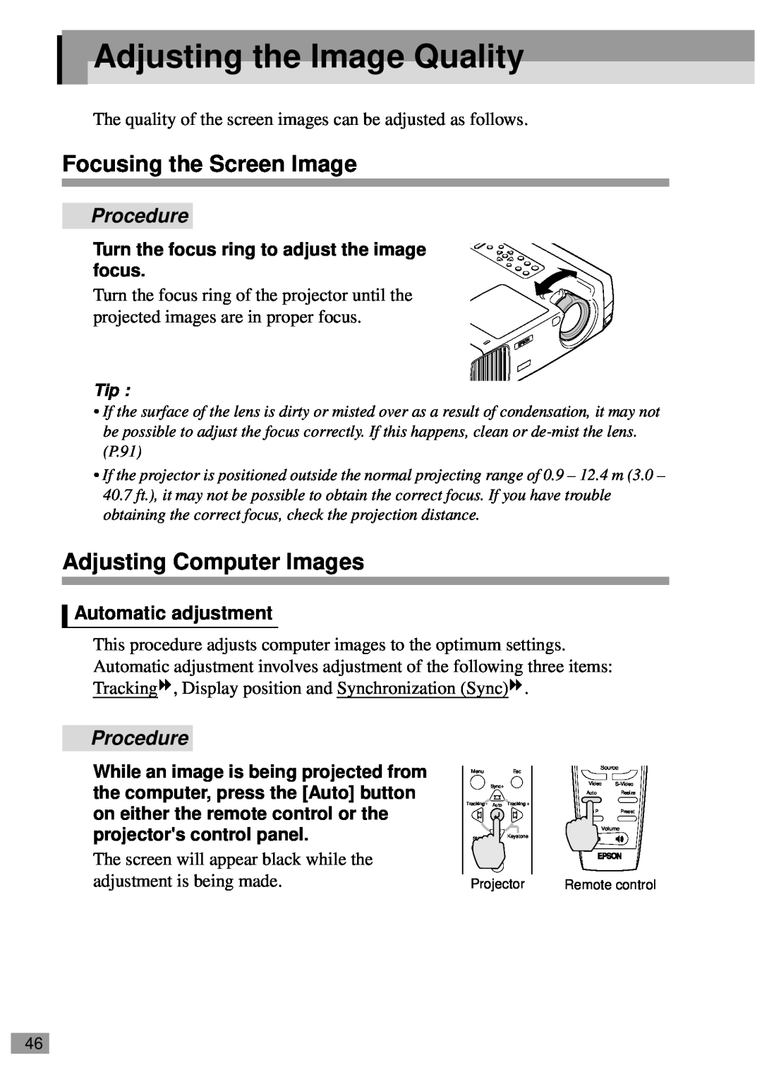 Epson ELP-820, ELP-811 manual Adjusting the Image Quality, Focusing the Screen Image, Adjusting Computer Images, Procedure 