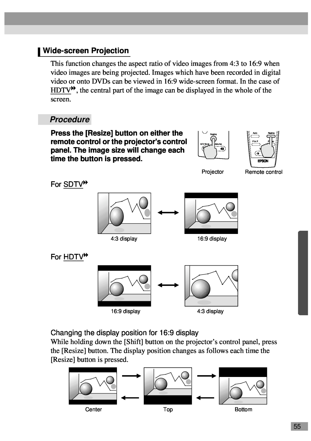 Epson ELP-820 manual Procedure, Wide-screen Projection, For SDTV, For HDTV, Changing the display position for 169 display 
