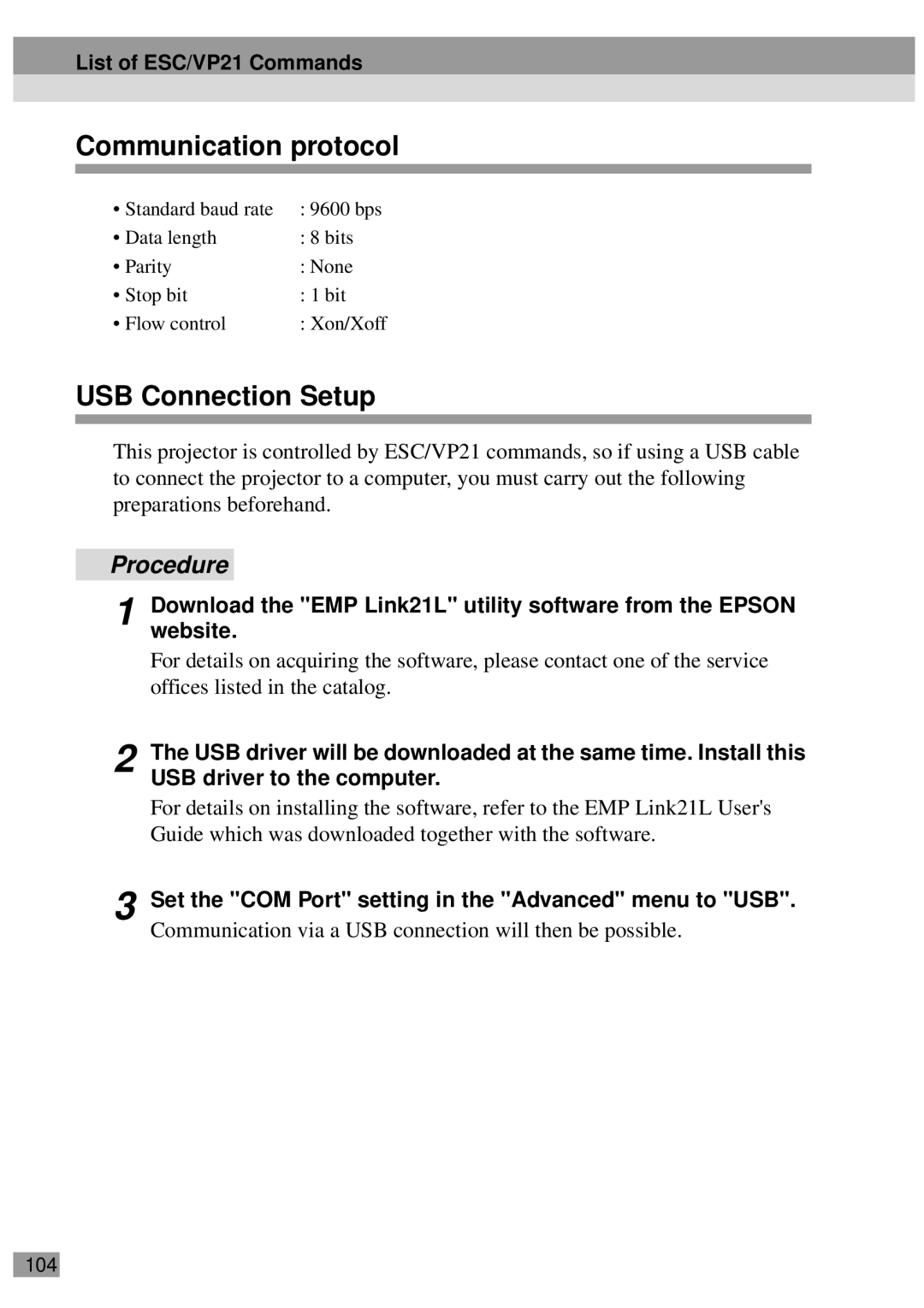 Epson EMP-800UG, ELP-811, ELP-600, ELP-800UG, ELP-820, ELP-810UG, EMP-810UG manual Communication protocol, USB Connection Setup 