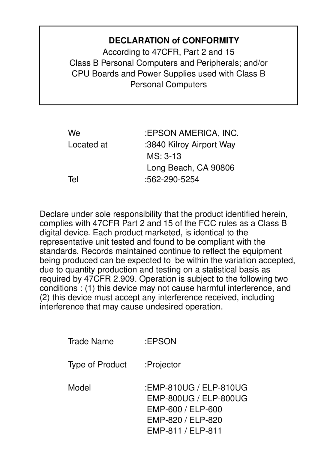 Epson ELP-811, ELP-600, ELP-800UG, ELP-820, ELP-810UG, EMP-810UG, EMP-811, EMP-800UG, EMP-820 manual Declaration of Conformity 