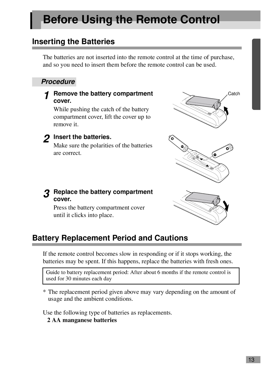 Epson EMP-811, ELP-811 Before Using the Remote Control, Inserting the Batteries, Battery Replacement Period and Cautions 