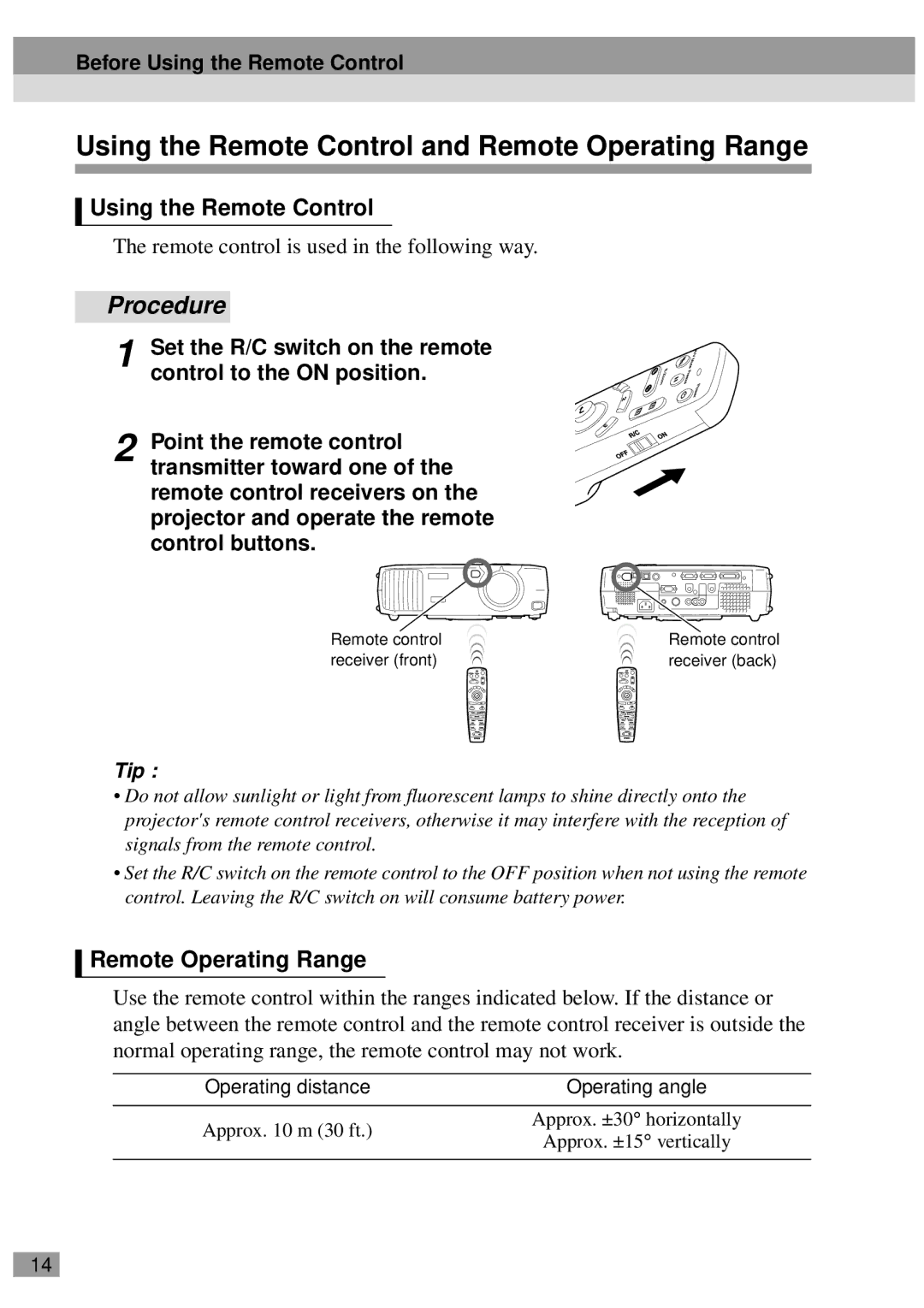 Epson EMP-800UG, ELP-811, ELP-600 Using the Remote Control and Remote Operating Range, Operating distance Operating angle 