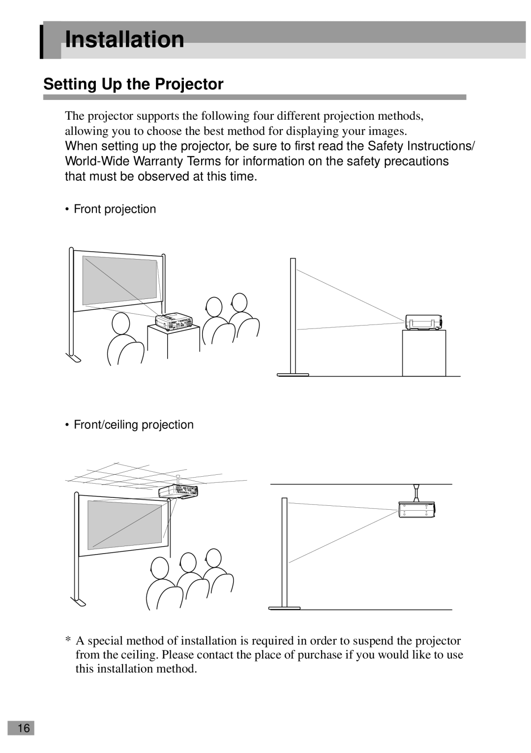 Epson ELP-811, ELP-600, ELP-800UG, ELP-820 Installation, Setting Up the Projector, Front projection Front/ceiling projection 