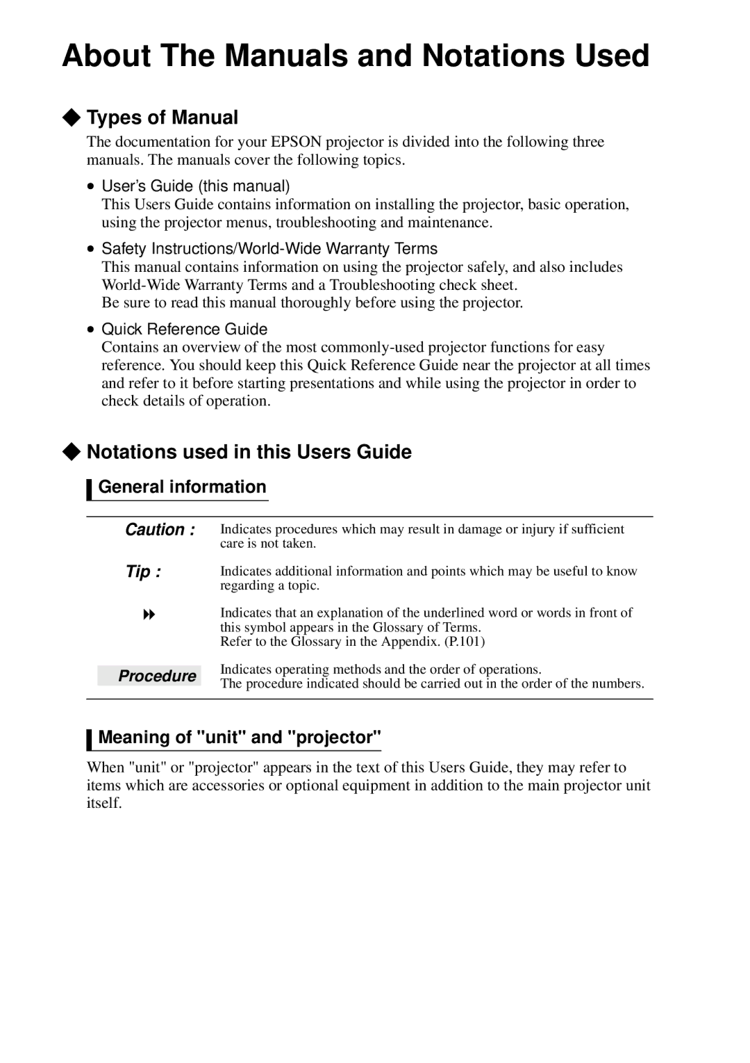 Epson ELP-800UG General information, Meaning of unit and projector, User’s Guide this manual, Quick Reference Guide 