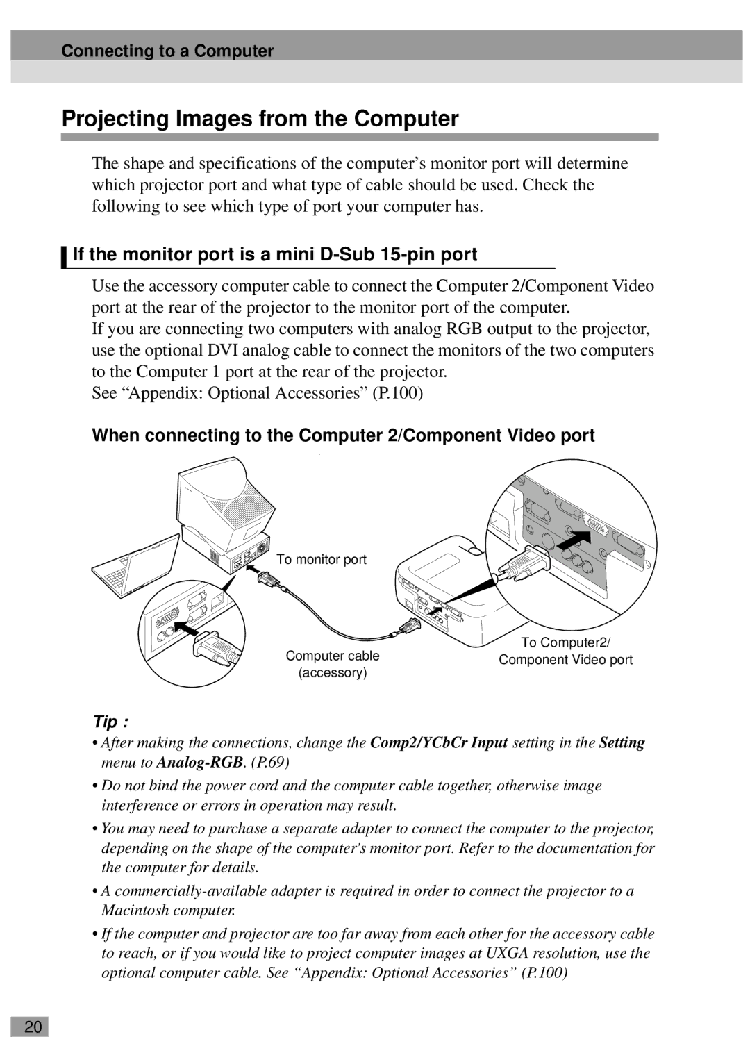 Epson ELP-810UG Projecting Images from the Computer, If the monitor port is a mini D-Sub 15-pin port, To monitor port 