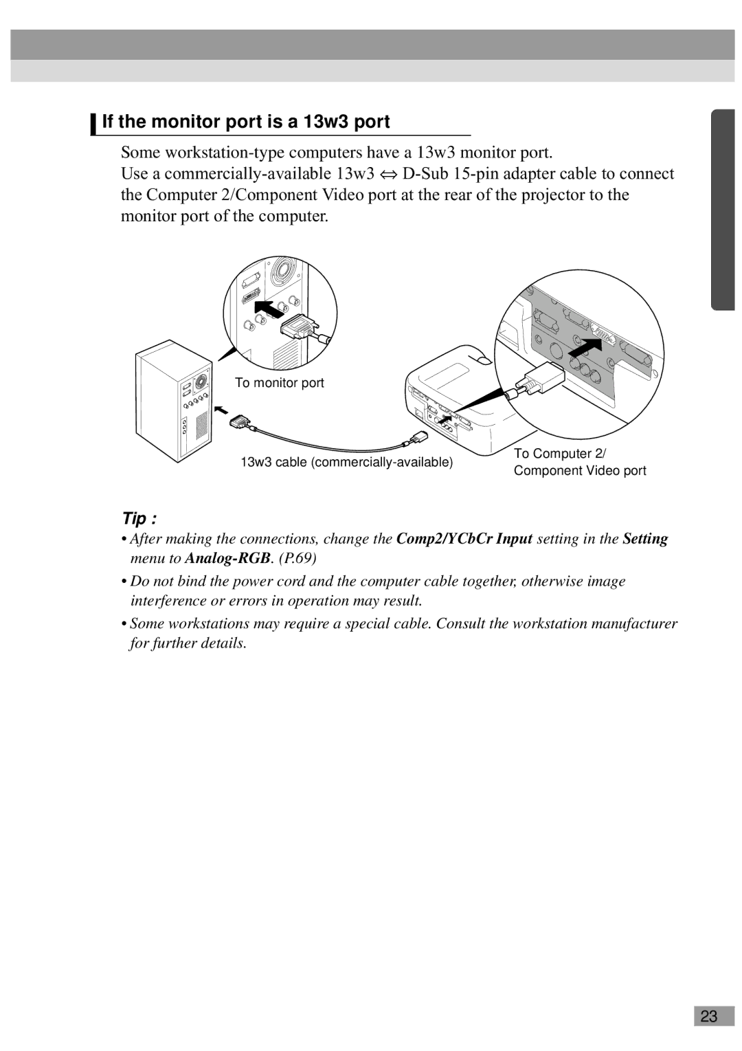 Epson EMP-800UG, ELP-811, ELP-600 If the monitor port is a 13w3 port, To monitor port 13w3 cable commercially-available 