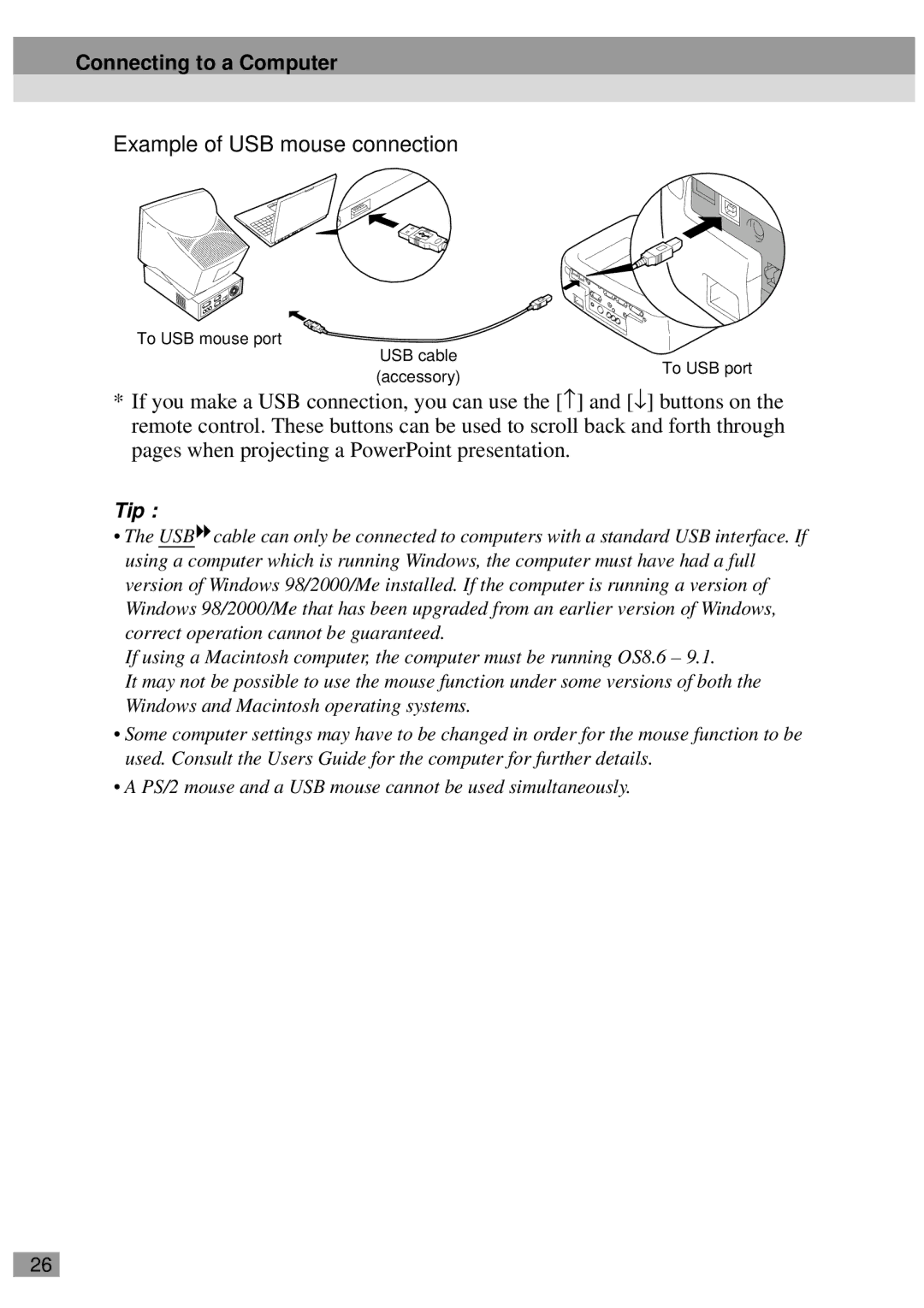 Epson ELP-600, ELP-811, ELP-800UG, ELP-820, ELP-810UG, EMP-810UG, EMP-811 Example of USB mouse connection, To USB mouse port 