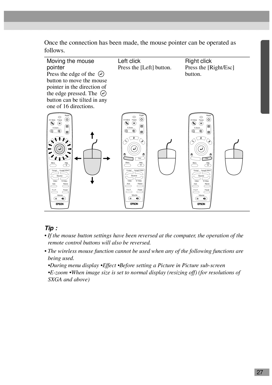 Epson ELP-800UG, ELP-811, ELP-600, ELP-820, ELP-810UG, EMP-810UG, EMP-811 manual Moving the mouse Left click Right click Pointer 