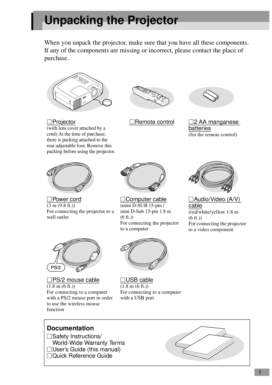 Epson ELP-820, ELP-811, ELP-600, ELP-800UG, ELP-810UG, EMP-810UG, EMP-811, EMP-800UG manual Unpacking the Projector, Documentation 