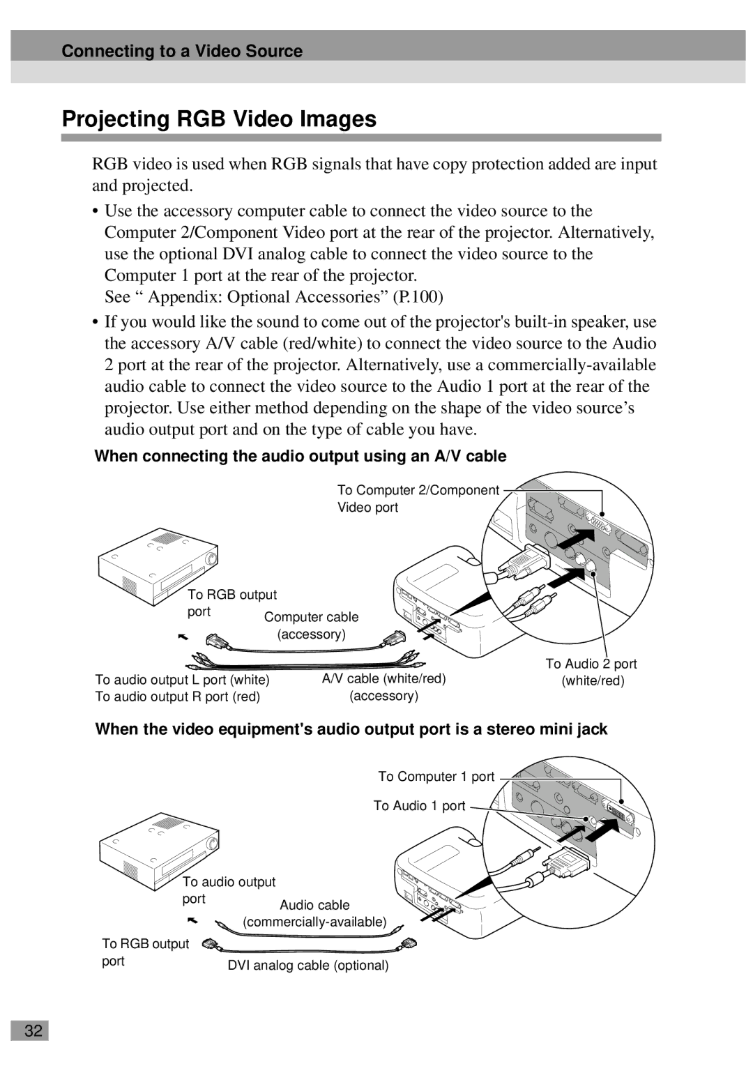 Epson EMP-800UG, ELP-811, ELP-600, ELP-800UG, ELP-820, EMP-811 Projecting RGB Video Images, To Computer 2/Component Video port 