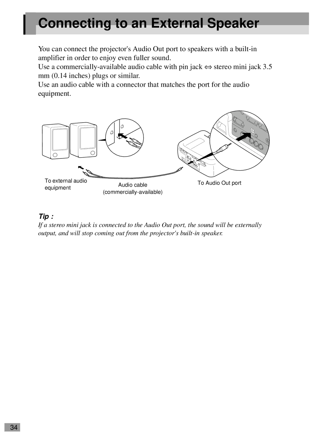 Epson ELP-811, ELP-600, ELP-800UG, ELP-820, ELP-810UG, EMP-811 Connecting to an External Speaker, To external audio, Equipment 