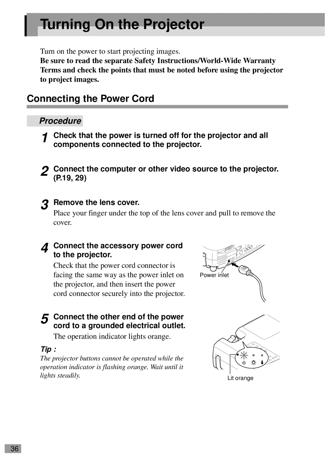 Epson ELP-800UG Turning On the Projector, Connecting the Power Cord, Connect the accessory power cord to the projector 