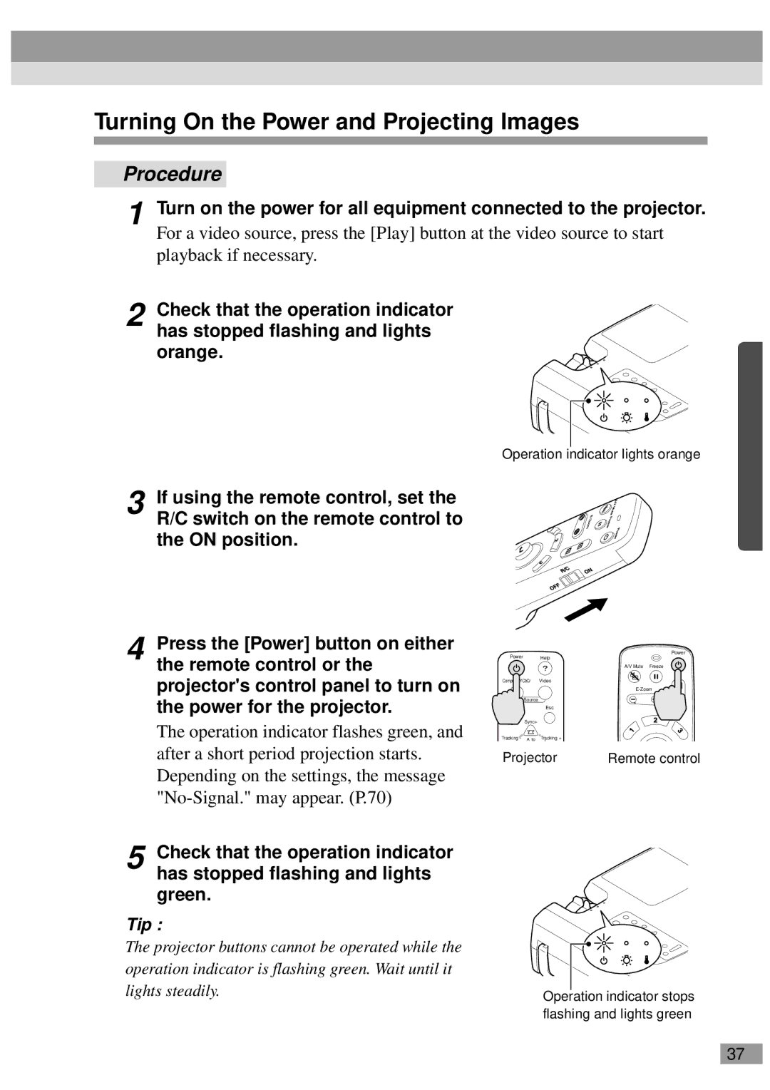 Epson ELP-820, ELP-811, ELP-600 Turning On the Power and Projecting Images, Operation indicator lights orange, Projector 