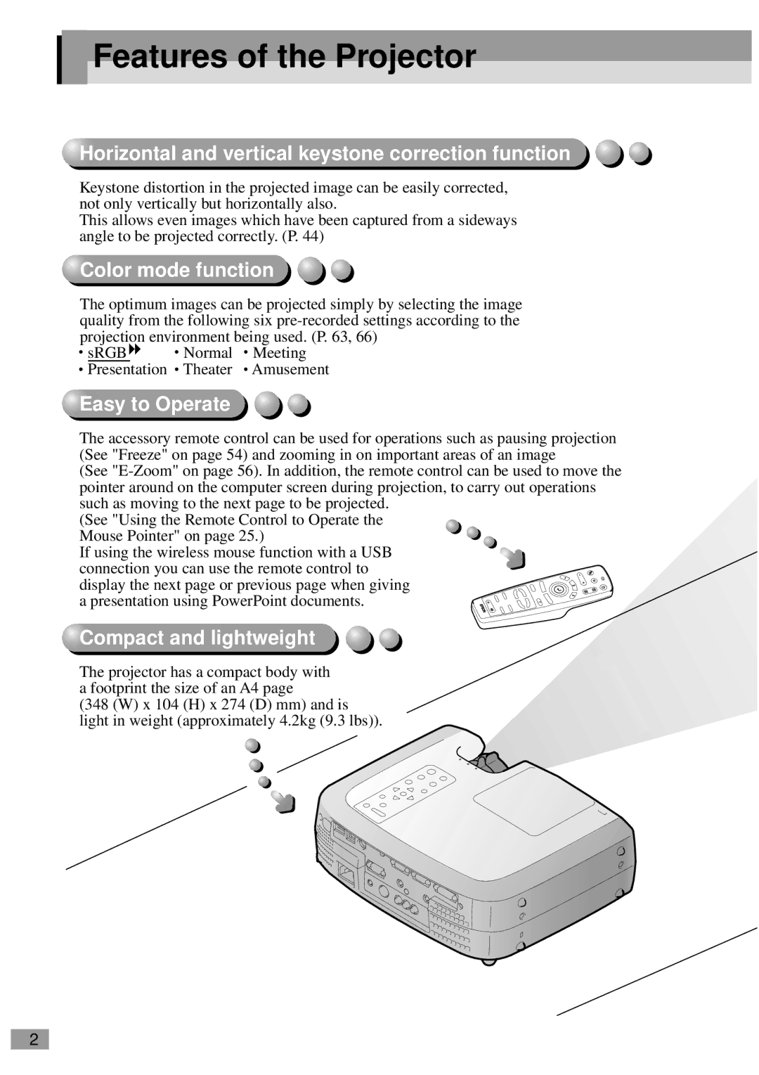 Epson ELP-810UG, ELP-811, ELP-600, ELP-800UG Features of the Projector, Horizontal and vertical keystone correction function 