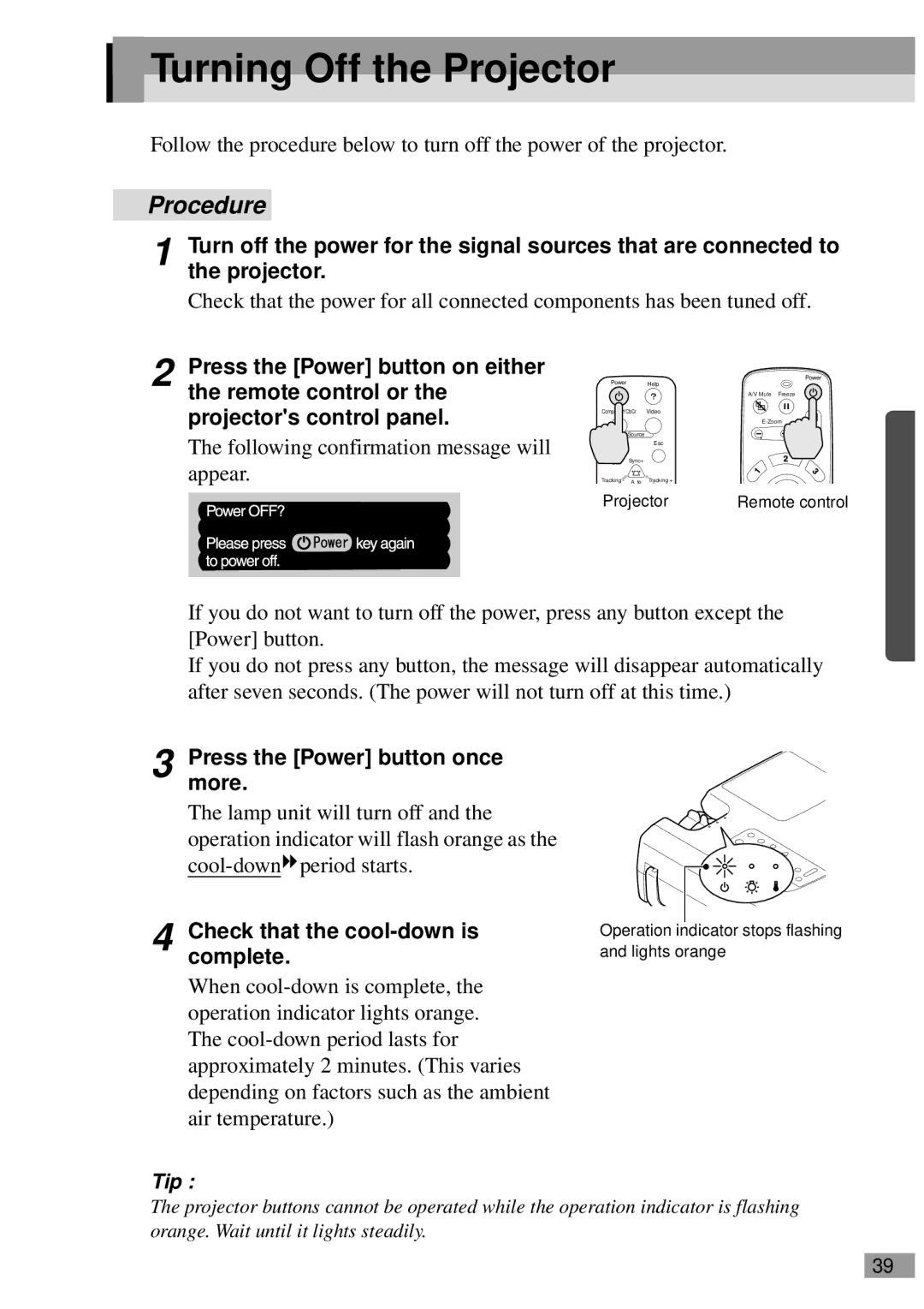 Epson EMP-810UG, ELP-811 Turning Off the Projector, Pressmore. the Power button once, Check that the cool-down is complete 