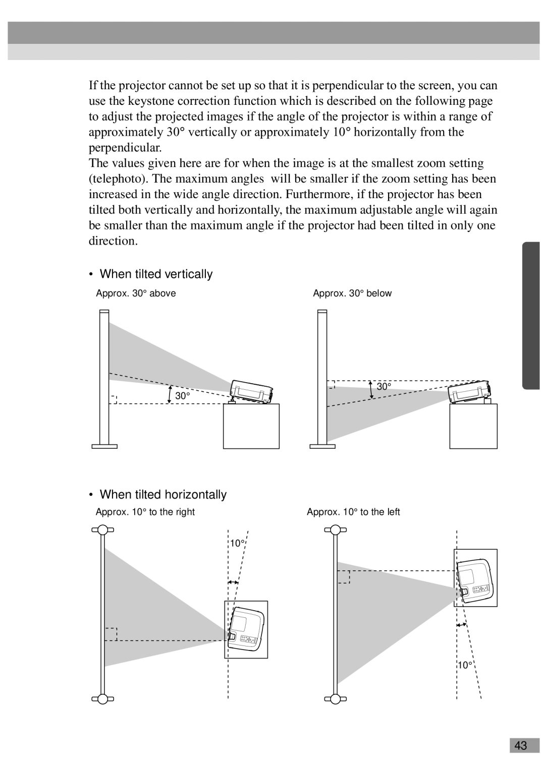 Epson ELP-811 manual When tilted vertically, When tilted horizontally, Approx above, Approx to the right Approx to the left 