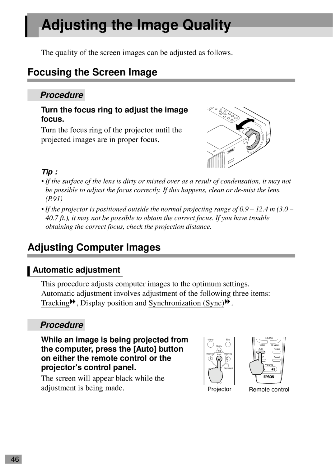 Epson ELP-820 Adjusting the Image Quality, Focusing the Screen Image, Adjusting Computer Images, Automatic adjustment 