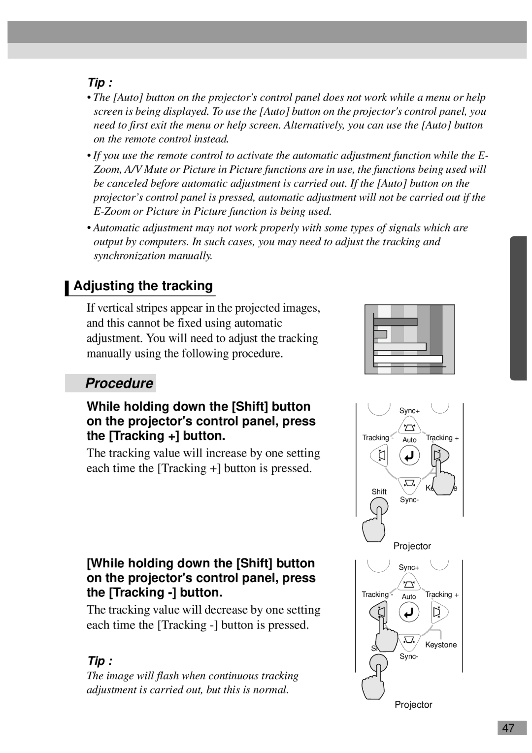 Epson ELP-810UG, ELP-811, ELP-600, ELP-800UG, ELP-820, EMP-810UG, EMP-811, EMP-800UG, EMP-820 manual Adjusting the tracking 