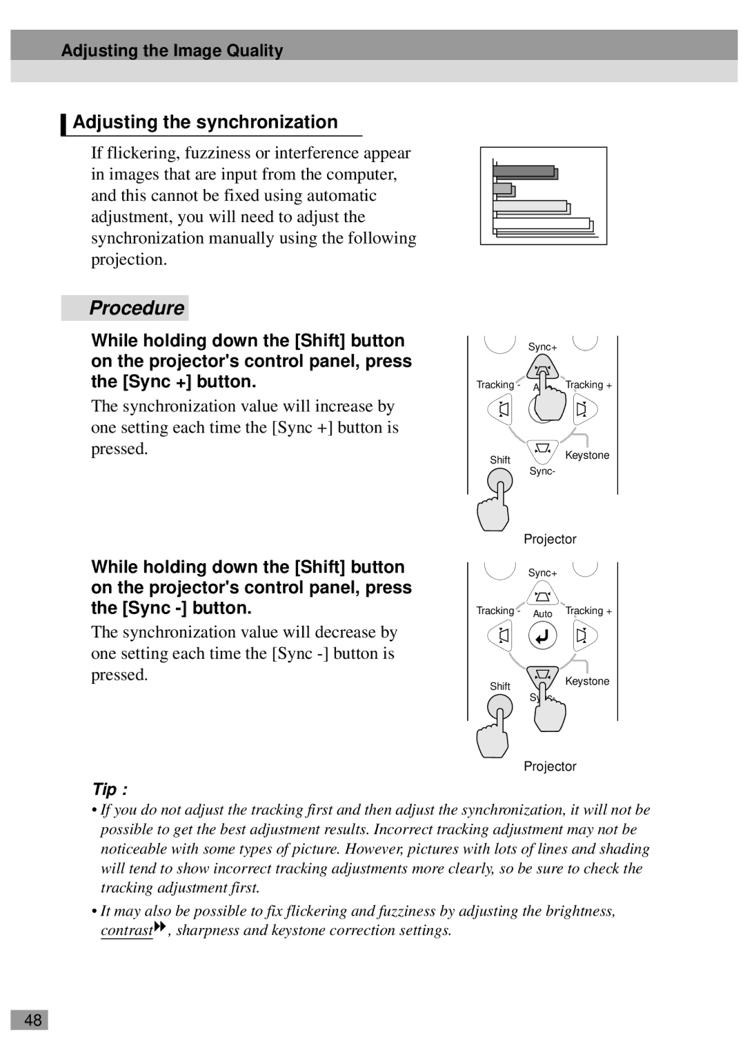 Epson EMP-810UG, ELP-811, ELP-600, ELP-800UG, ELP-820, ELP-810UG Adjusting the synchronization, Adjusting the Image Quality 