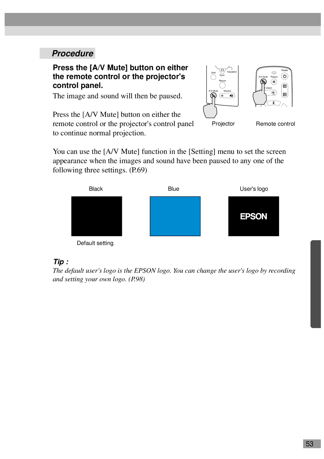 Epson ELP-600, ELP-811, ELP-800UG, ELP-820, ELP-810UG, EMP-810UG, EMP-811 manual Projector, Black Blue Users logo Default setting 