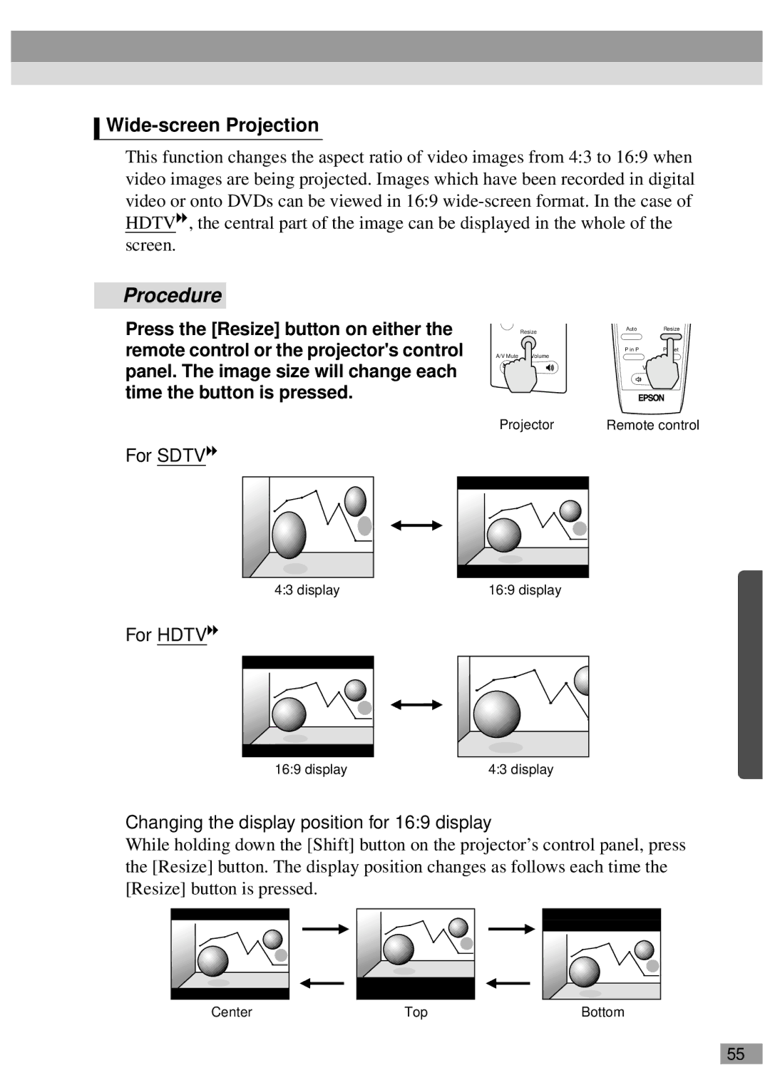 Epson ELP-820, ELP-811, ELP-600 Wide-screen Projection, For Sdtv, For Hdtv, Changing the display position for 169 display 