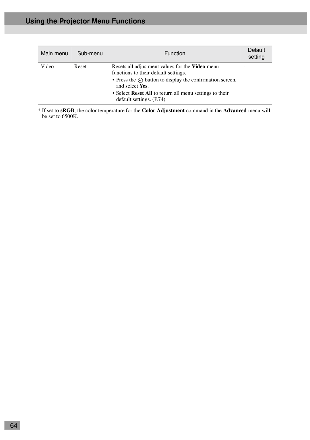 Epson ELP-820, ELP-811, ELP-600, ELP-800UG, ELP-810UG, EMP-810UG, EMP-811, EMP-800UG, EMP-820 Using the Projector Menu Functions 