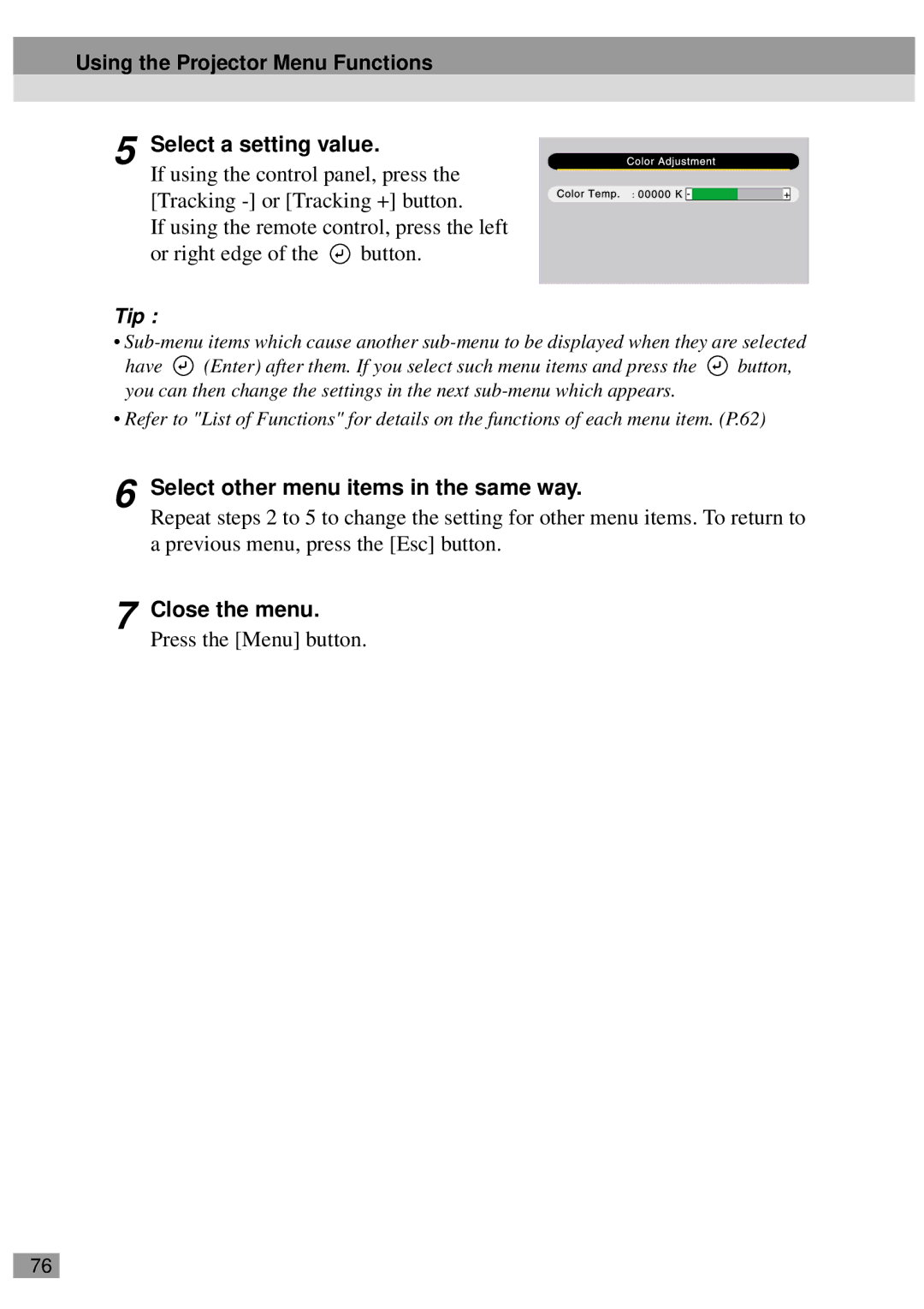 Epson EMP-811, ELP-811 Using the Projector Menu Functions Select a setting value, Select other menu items in the same way 