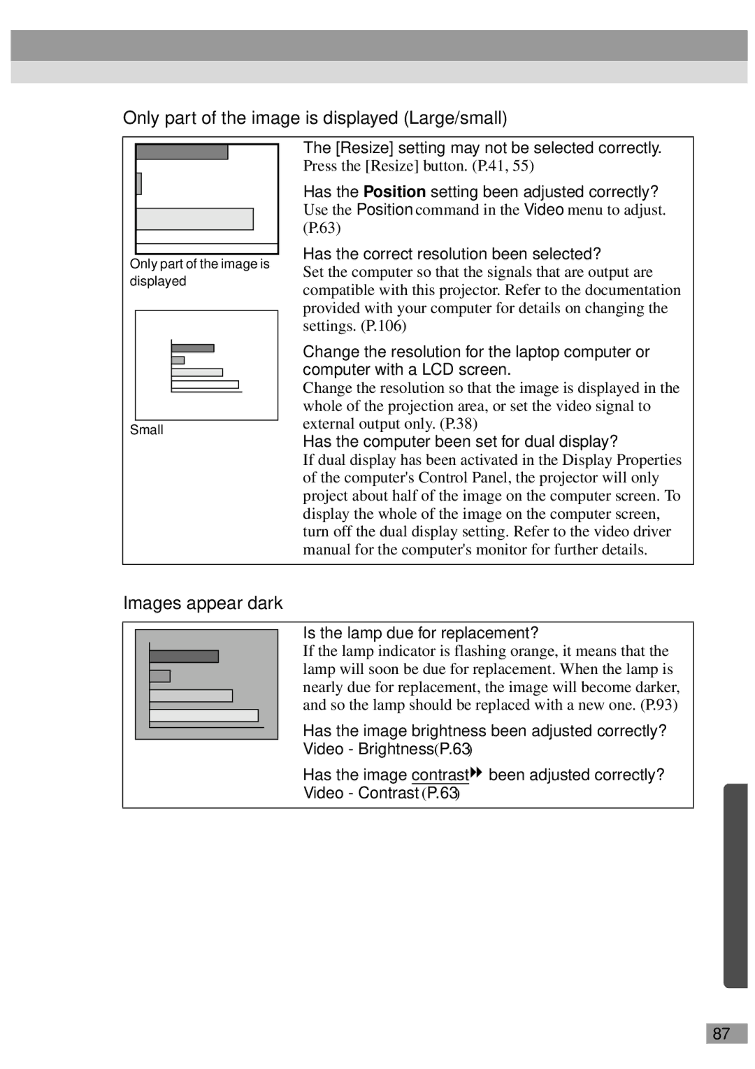 Epson EMP-820, ELP-811, ELP-600, ELP-800UG, ELP-820 manual Only part of the image is displayed Large/small, Images appear dark 