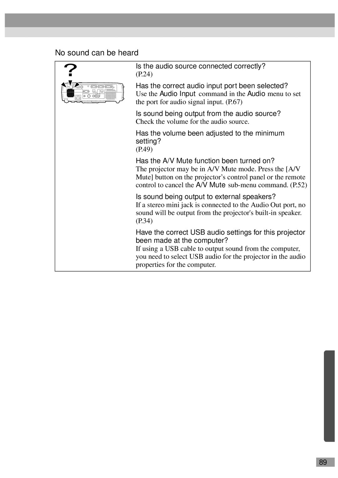 Epson ELP-600, ELP-811, ELP-800UG, ELP-820, ELP-810UG No sound can be heard, Is sound being output from the audio source? 