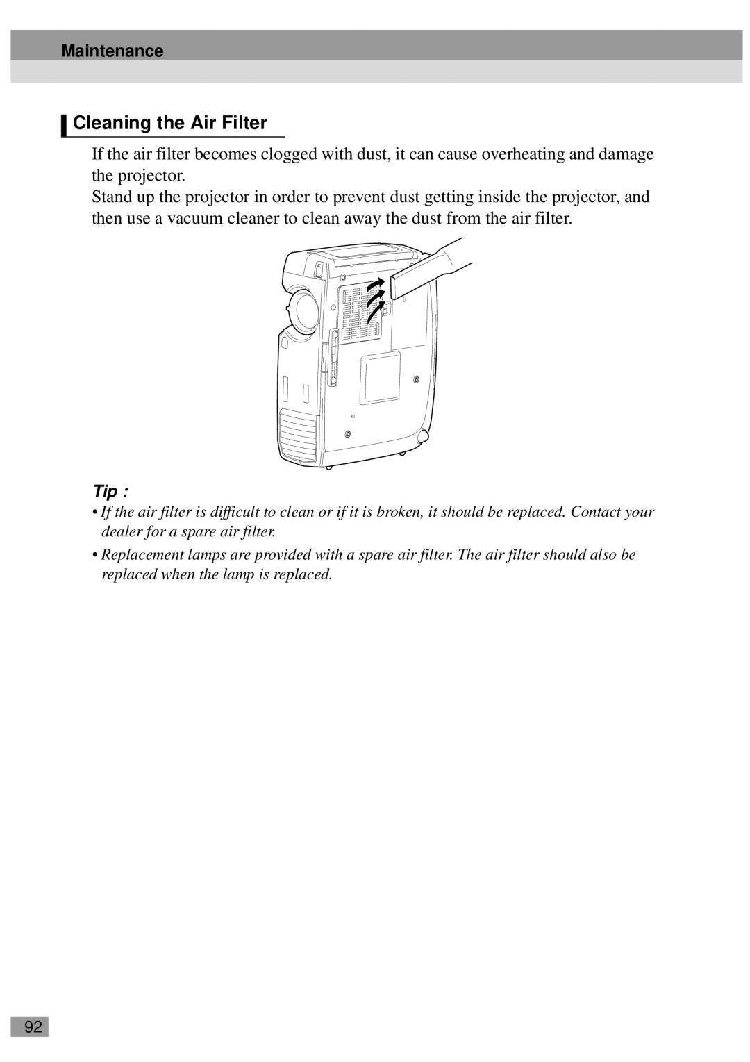 Epson ELP-810UG, ELP-811, ELP-600, ELP-800UG, ELP-820, EMP-810UG, EMP-811, EMP-800UG manual Cleaning the Air Filter, Maintenance 