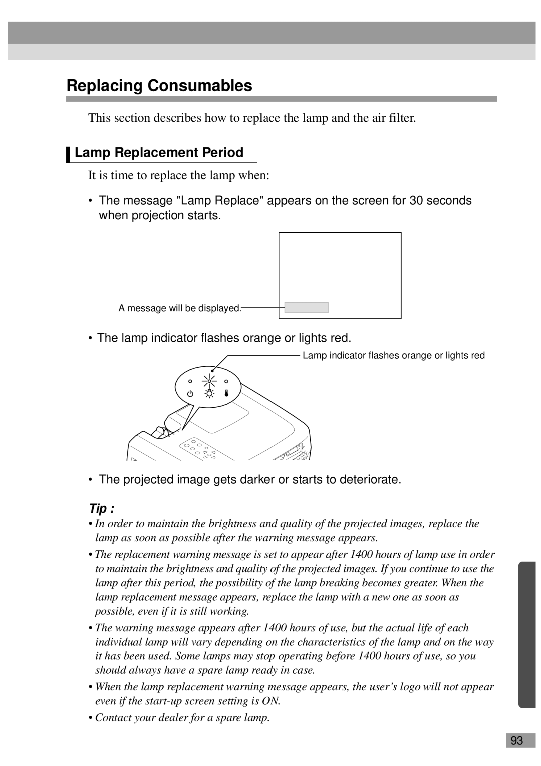 Epson EMP-810UG, ELP-811 manual Replacing Consumables, Lamp Replacement Period, Lamp indicator flashes orange or lights red 