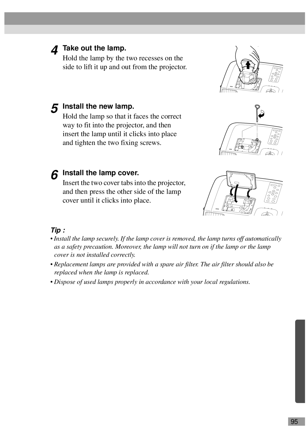 Epson EMP-800UG, ELP-811, ELP-600, ELP-800UG, ELP-820, EMP-811 Take out the lamp, Install the new lamp, Install the lamp cover 