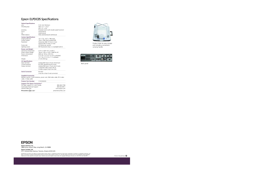 Epson ELPDC05 Optical Specifications, Camera Specifications, Power and Weight, Serial Connector, Supplied Accessories 