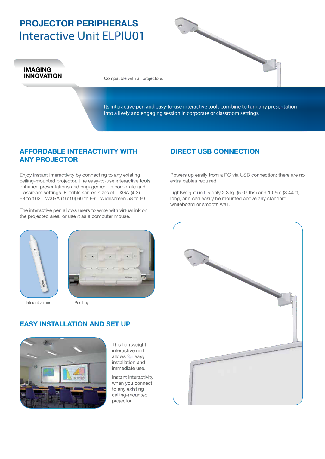 Epson ELPDC06, ELPDC11 manual Interactive Unit ELPIU01, Direct USB Connection, Easy installation and set up 