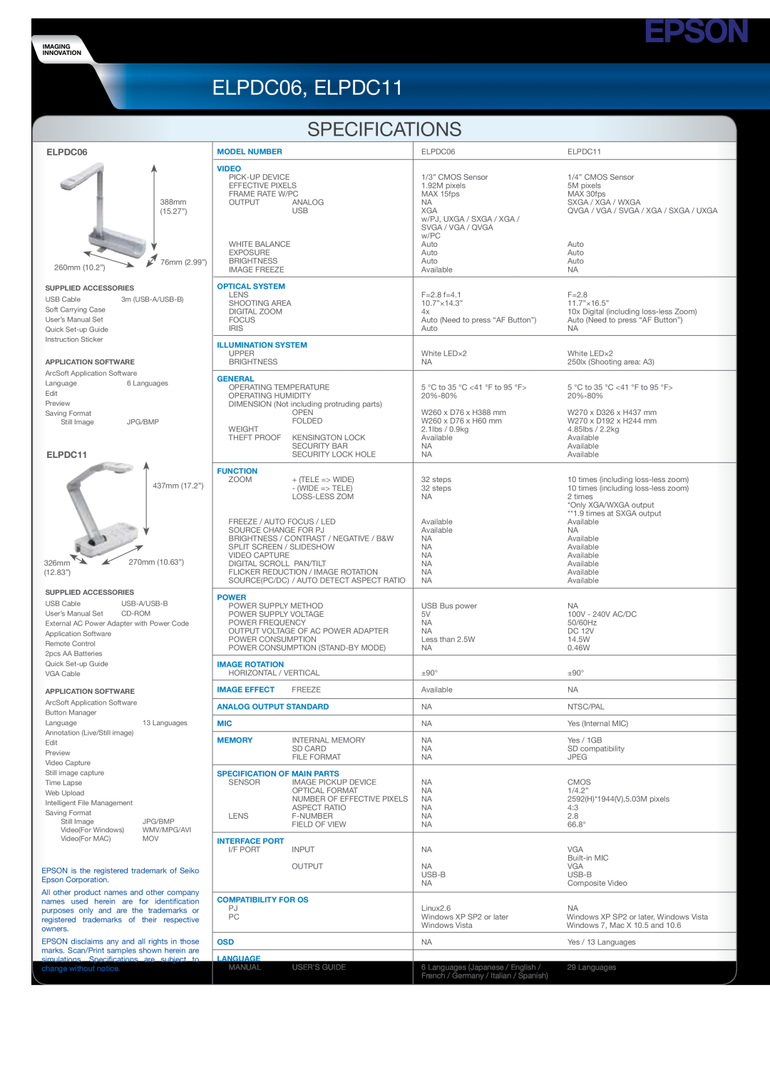 Epson ELPIU01 manual ELPDC06, ELPDC11, Specifications 