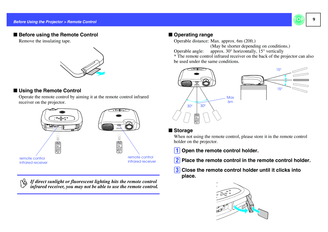 Epson ELPLP29, EMP-S1H manual Before using the Remote Control, Operating range, Using the Remote Control, Storage 