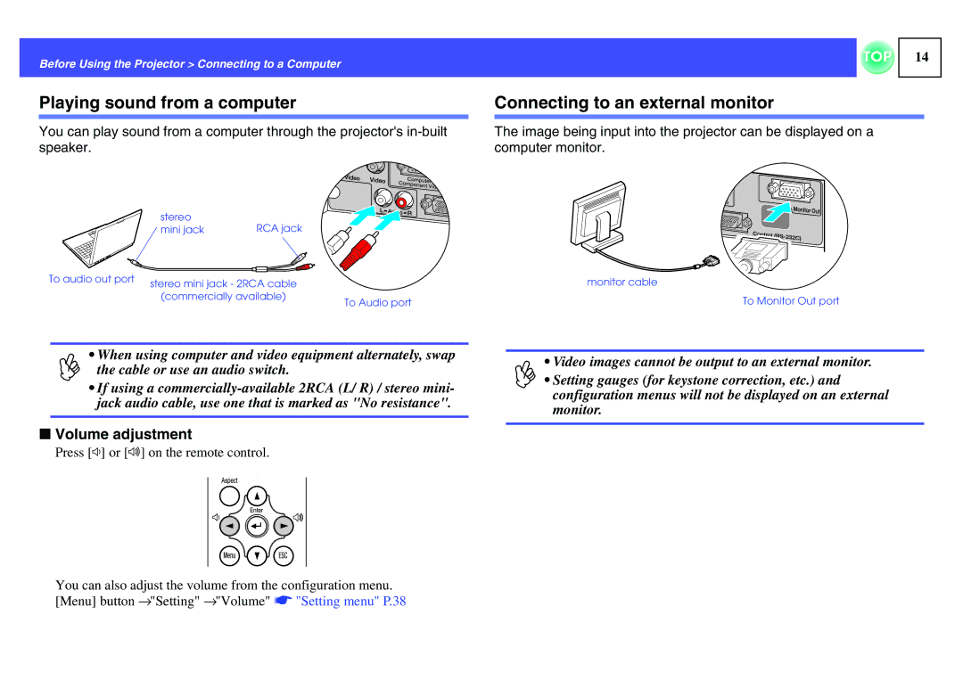 Epson EMP-S1H, ELPLP29 manual Playing sound from a computer, Connecting to an external monitor, Volume adjustment 