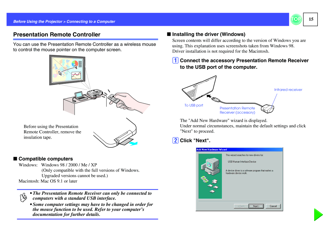 Epson ELPLP29, EMP-S1H Presentation Remote Controller, Compatible computers, Installing the driver Windows, BClick Next 