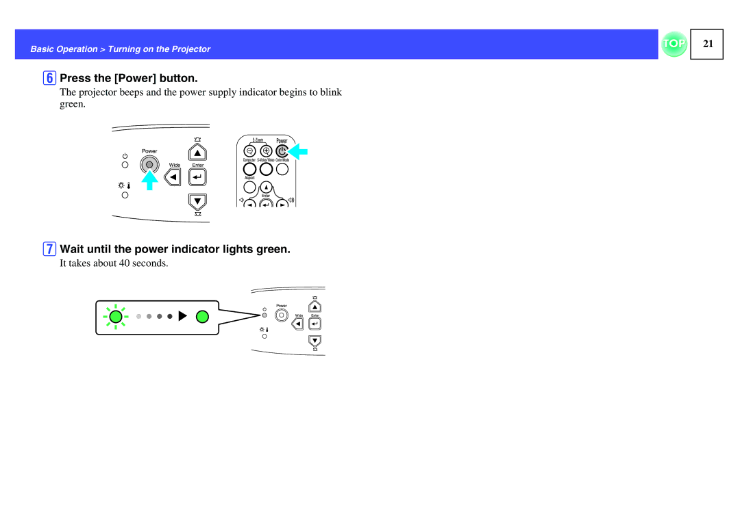 Epson ELPLP29, EMP-S1H manual FPress the Power button, GWait until the power indicator lights green 