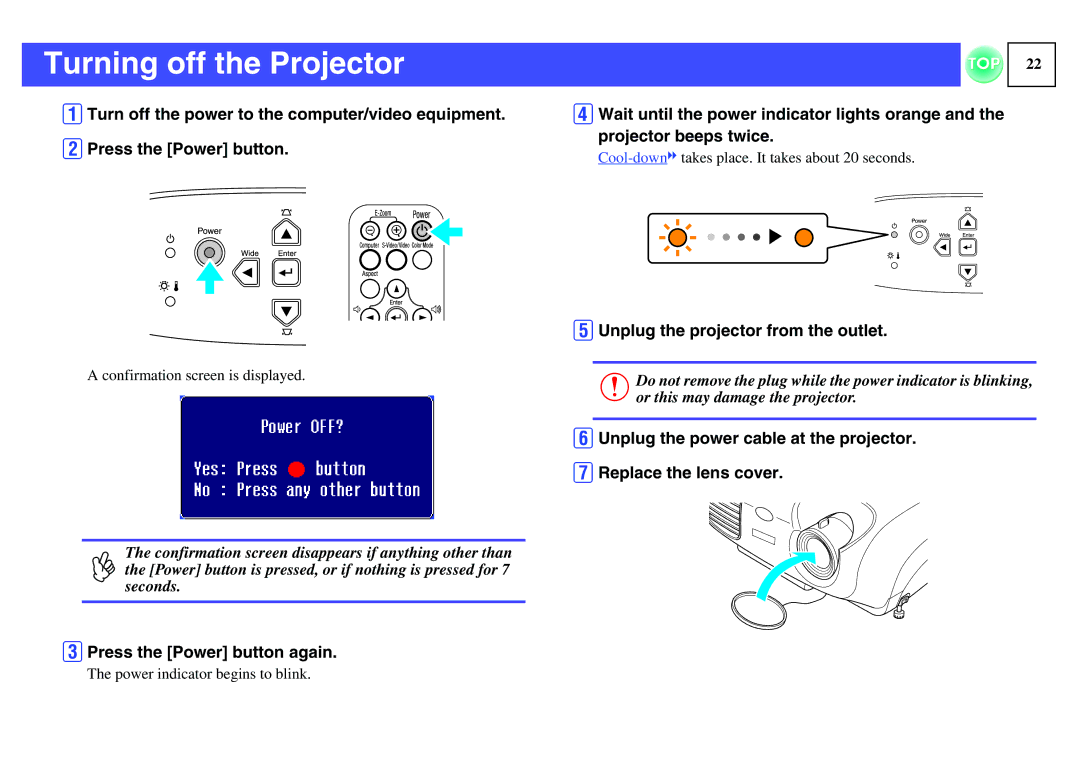 Epson EMP-S1H, ELPLP29 Turning off the Projector, CPress the Power button again, EUnplug the projector from the outlet 