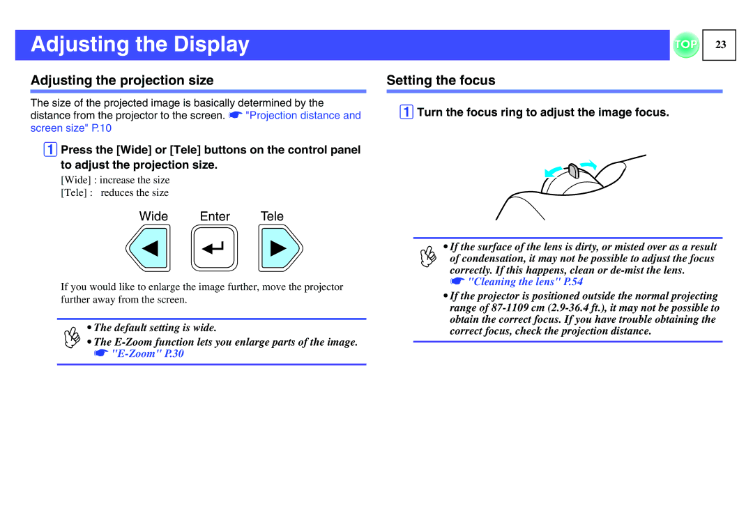 Epson ELPLP29, EMP-S1H manual Adjusting the Display, Adjusting the projection size, Setting the focus 