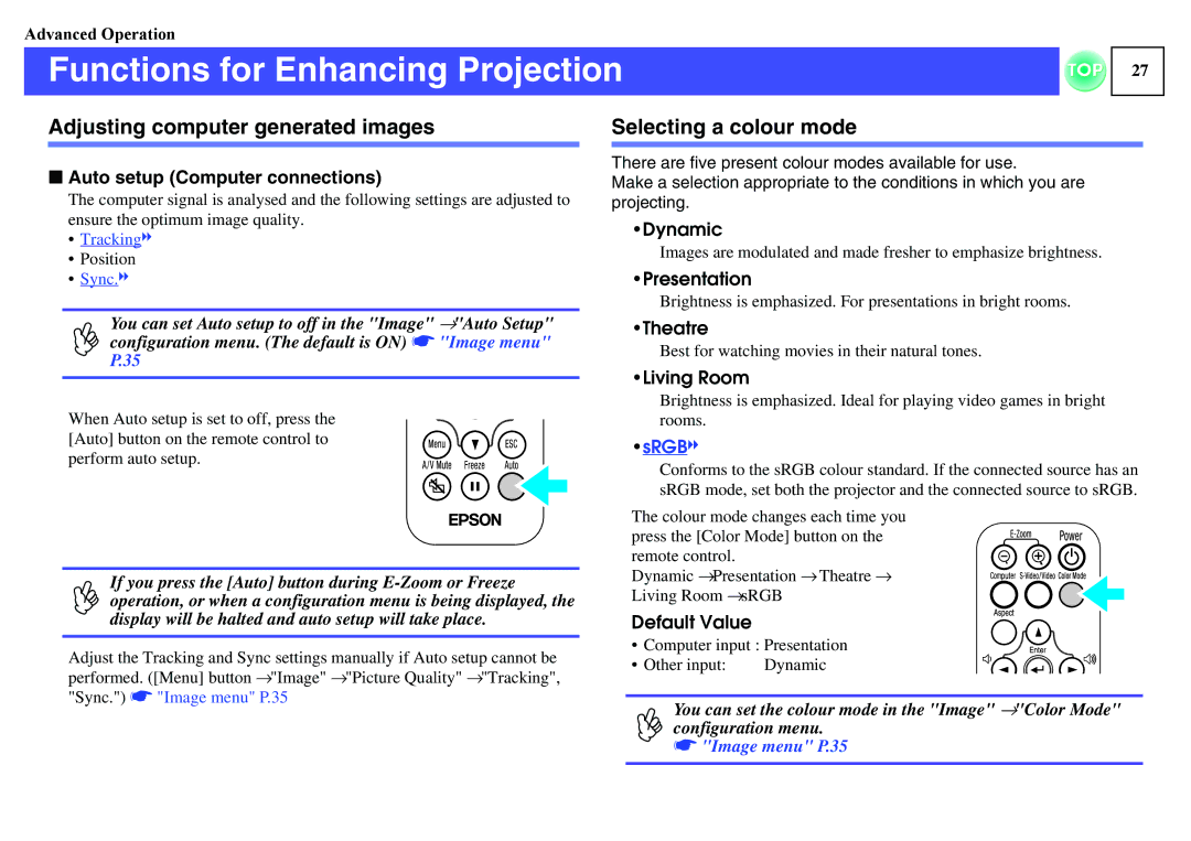 Epson ELPLP29 Functions for Enhancing Projection, Adjusting computer generated images, Selecting a colour mode, Trackingg 