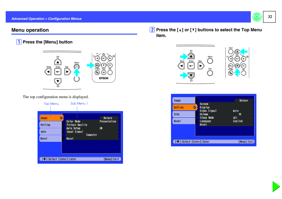 Epson EMP-S1H, ELPLP29 manual Menu operation, BPress the u or d buttons to select the Top Menu, APress the Menu button 