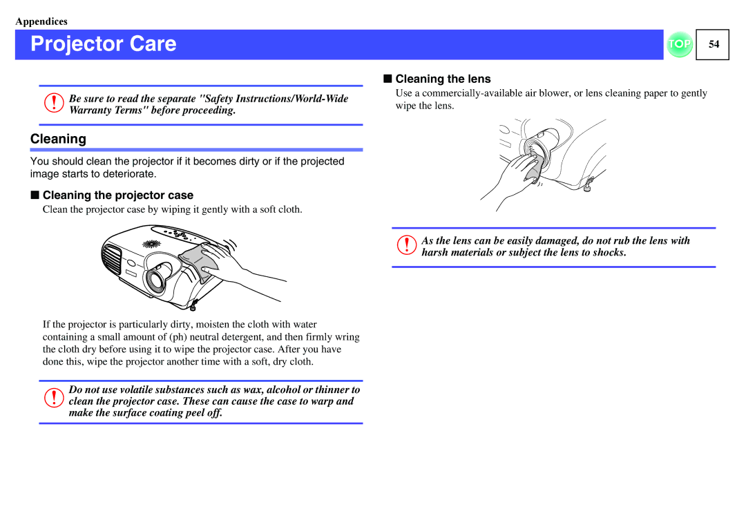 Epson EMP-S1H, ELPLP29 manual Projector Care, Cleaning the projector case, Cleaning the lens 