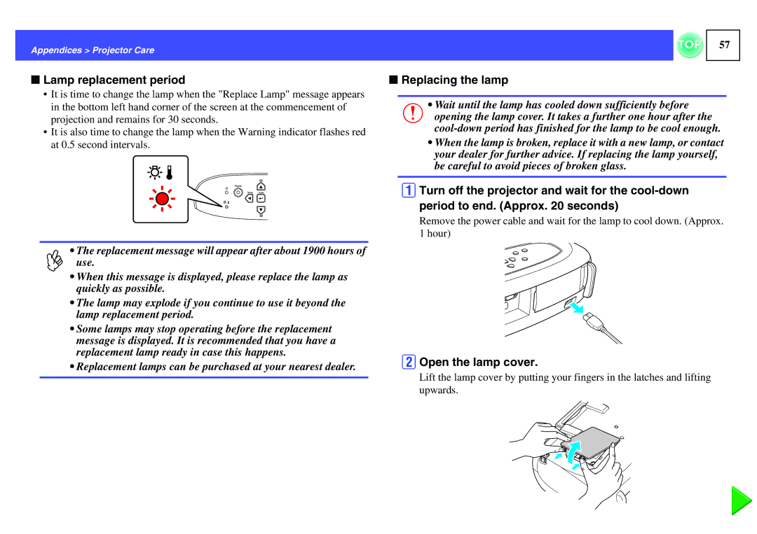 Epson ELPLP29, EMP-S1H manual Lamp replacement period, Replacing the lamp, BOpen the lamp cover 