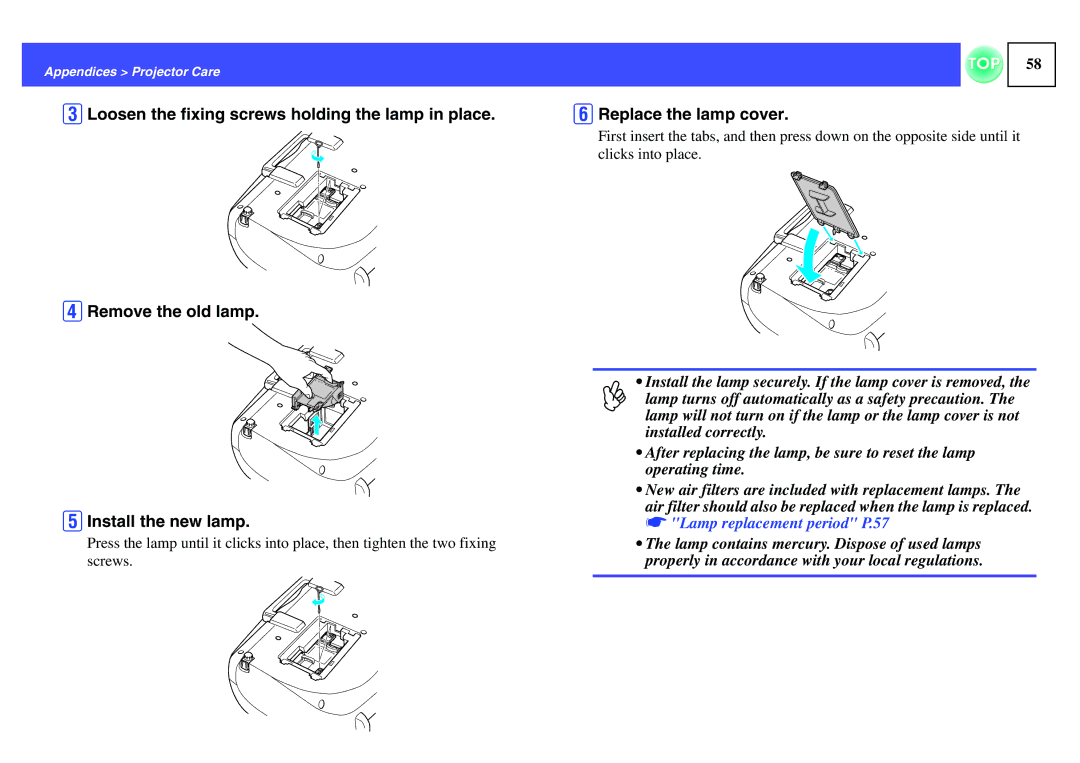 Epson EMP-S1H, ELPLP29 manual FReplace the lamp cover 